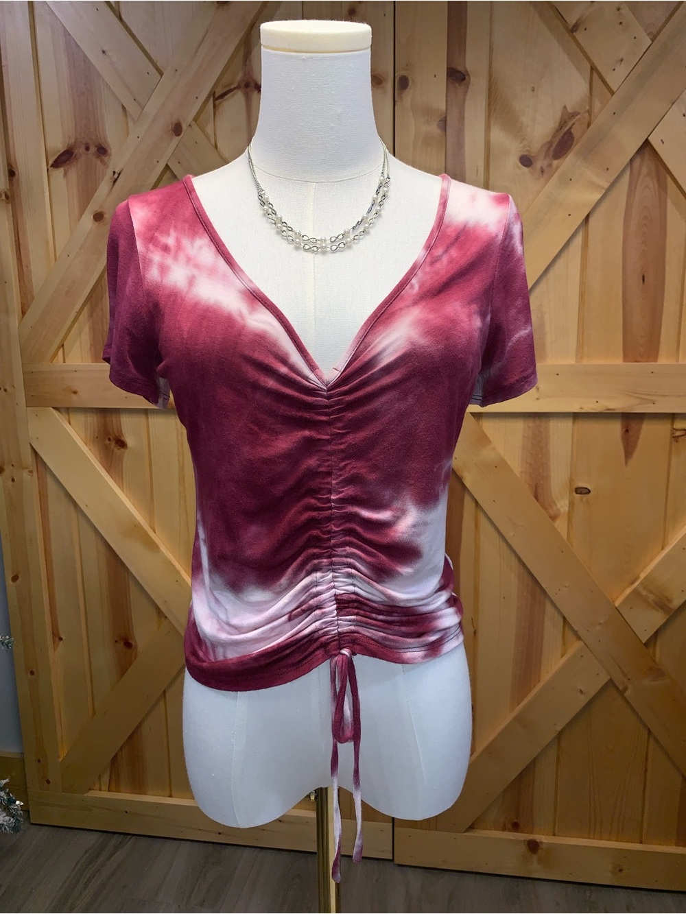 Womens Tie Dye Ruched Psychedelic V-Neck Shirt M Boho Chic Grunge Beach Bum